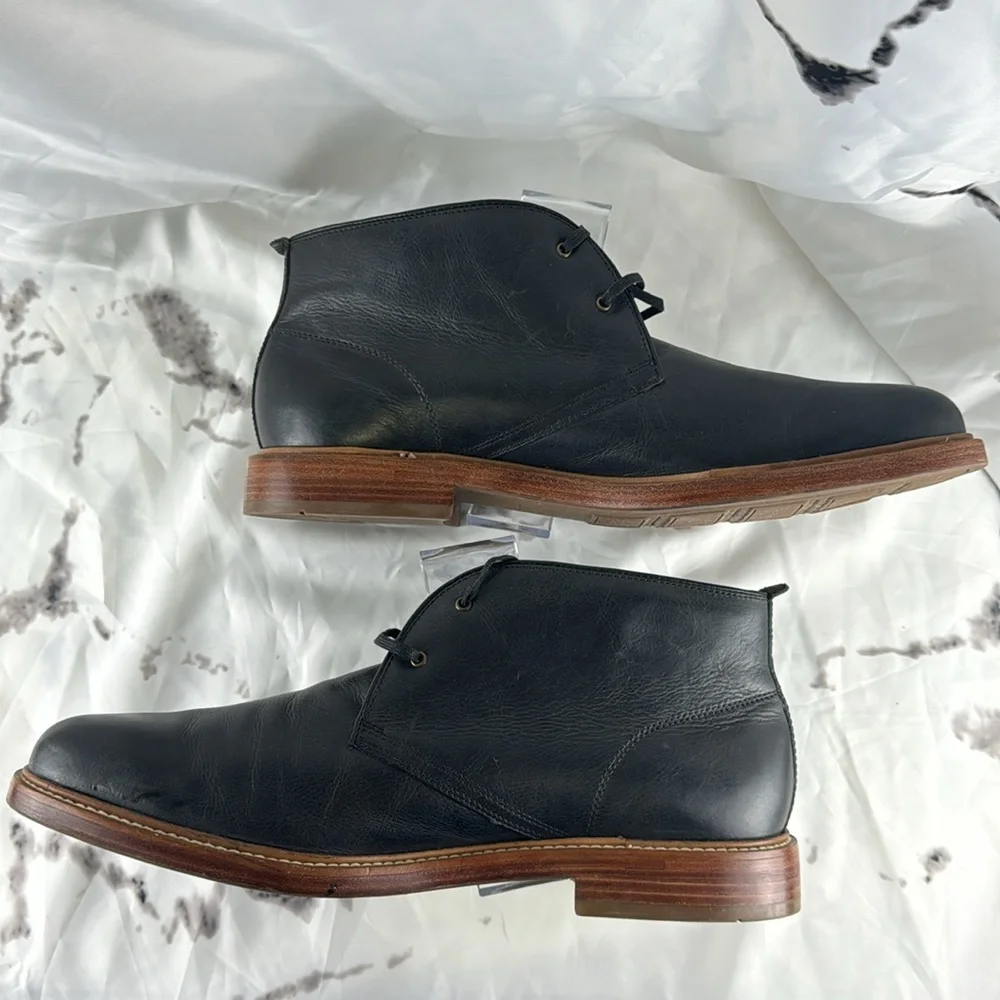 Cole Haan Leather Chukka Boots Black Stacked Wood Heel Rubber Sole Lace-Up